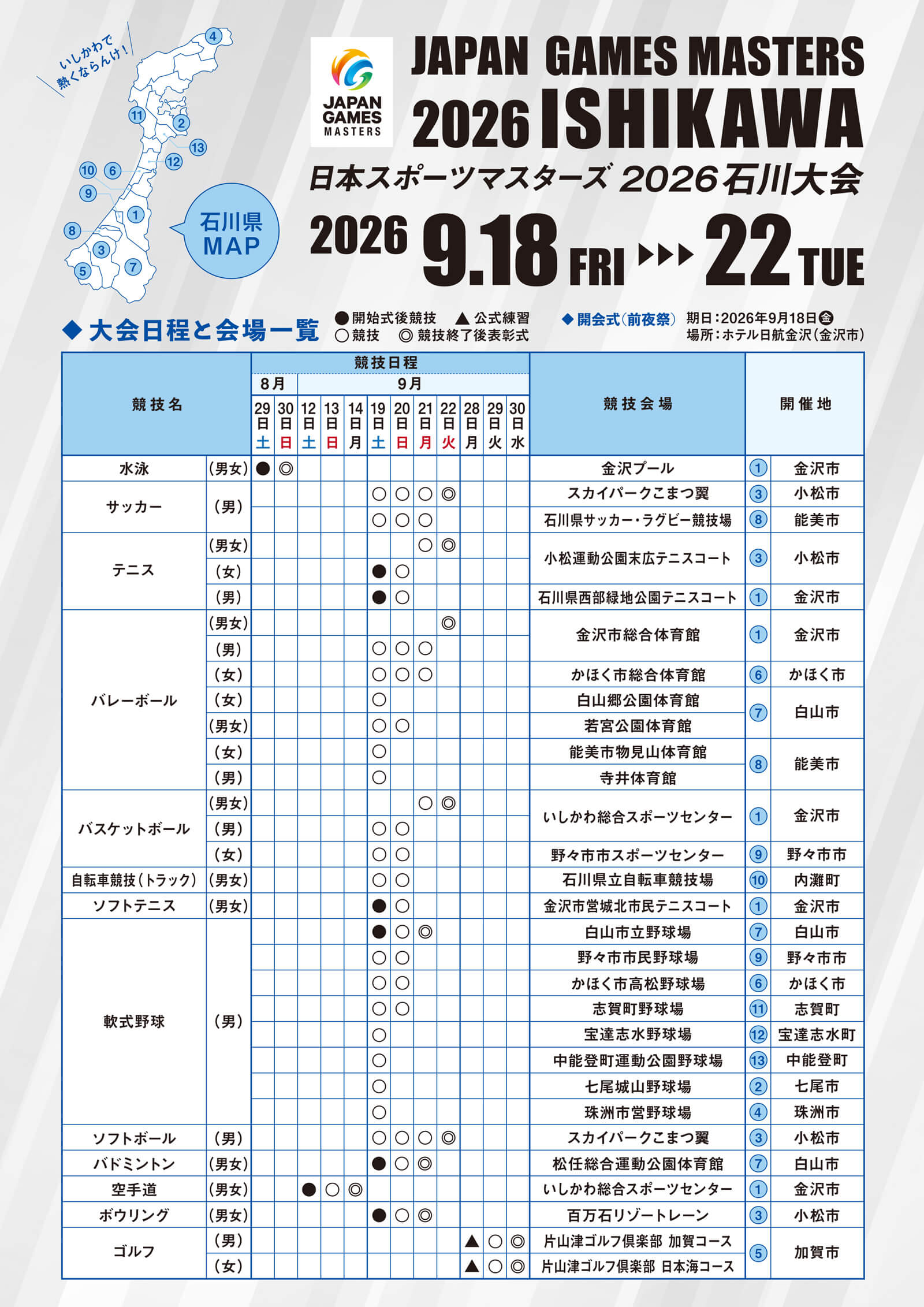 大会日程と会場一覧